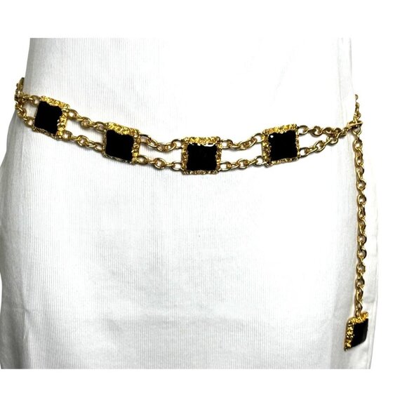 Vintage 80's gold chain statement belt black enamel squares fits up to 33" waist